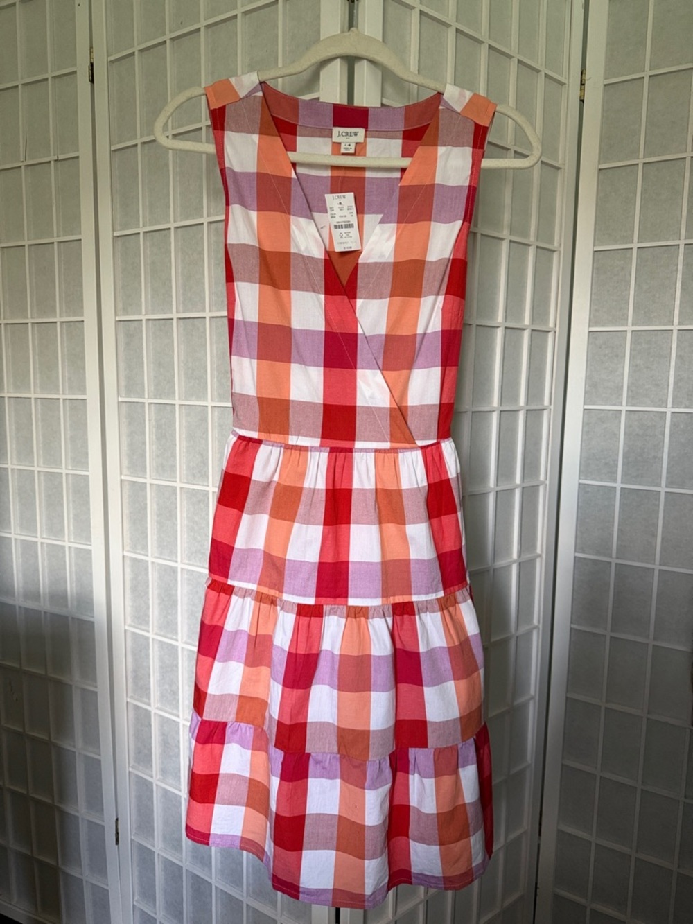 J. Crew Sleeveless Gingham Tiered Dress - Red, Orange, Pink, White